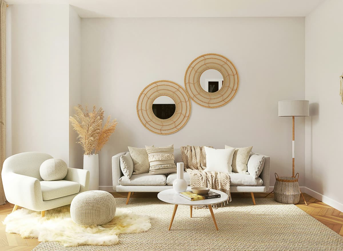 Cream painted lounge with round rattan mirrors and soft furnishings